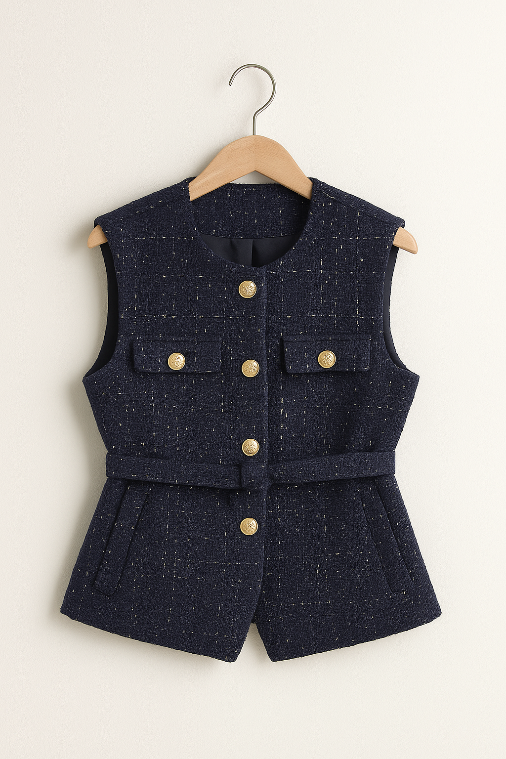 Ely Dames Chaleco | Bouclé con Botones Dorados, Elegante Capas