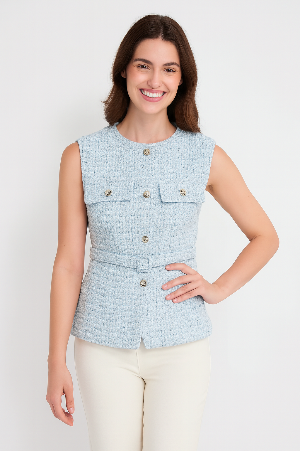 Ely Dames Chaleco | Bouclé con Botones Dorados, Elegante Capas