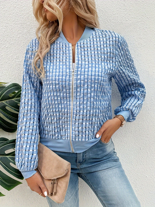 Lila Veste Bomber Femme | Motif Carreaux Rétro, Mode Décontractée