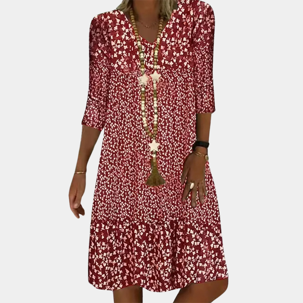 Vestido midi Elowen para damas – elegante vestido de verano con estampado floral y escote en V
