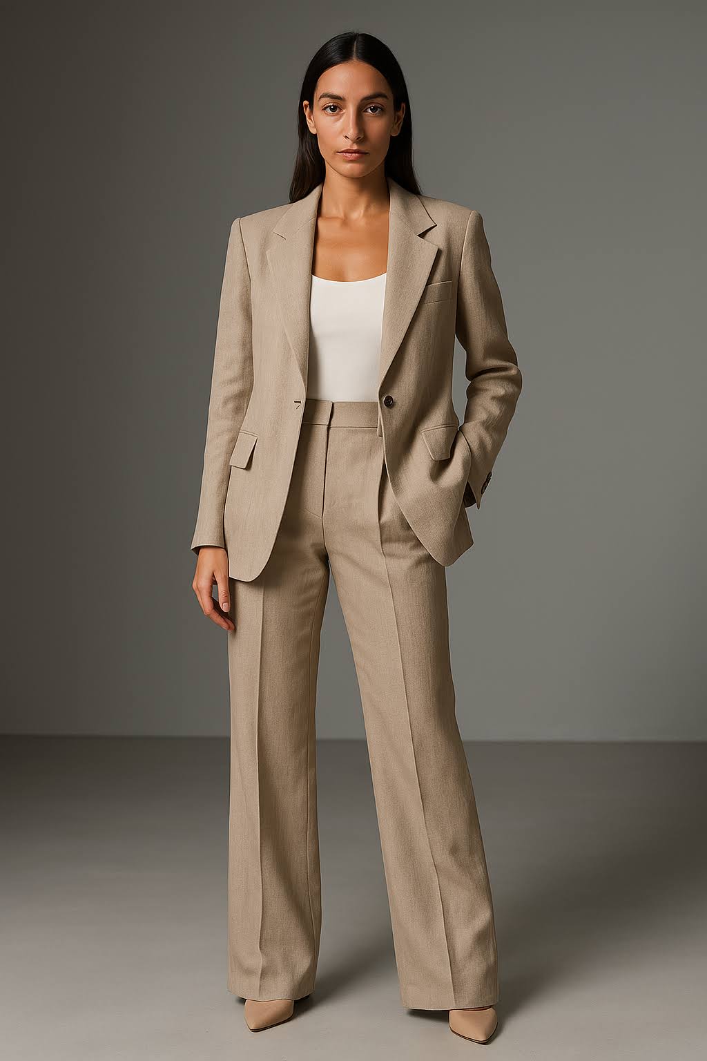Savira Dames Kostuum | Getailleerde Blazer & Wijdvallende Broek – Professionele Stijl