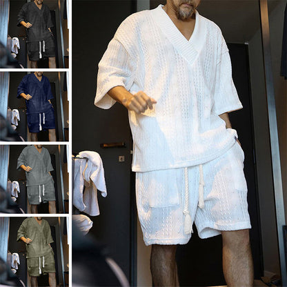 SlateWave Conjunto de Verano para Hombre – Set de Salón de Mezcla de Algodón con Cuello en V y Pantalones Cortos