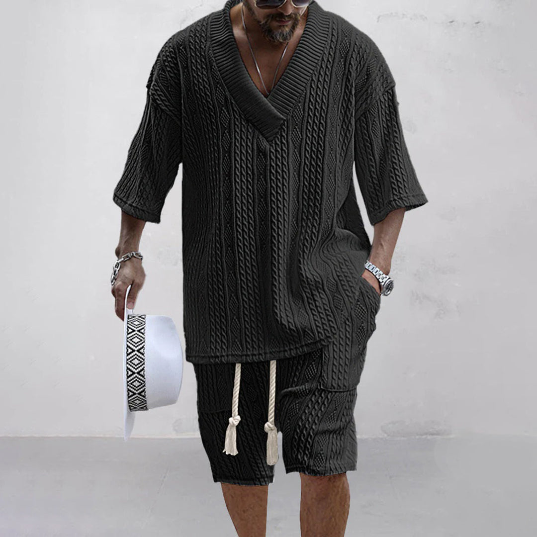 SlateWave Conjunto de Verano para Hombre – Set de Salón de Mezcla de Algodón con Cuello en V y Pantalones Cortos