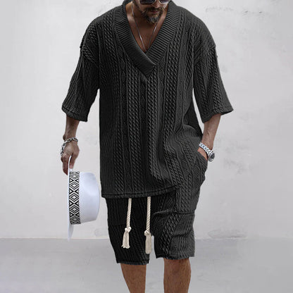 SlateWave Conjunto de Verano para Hombre – Set de Salón de Mezcla de Algodón con Cuello en V y Pantalones Cortos
