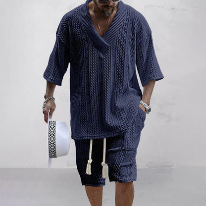 SlateWave Conjunto de Verano para Hombre – Set de Salón de Mezcla de Algodón con Cuello en V y Pantalones Cortos