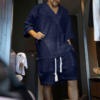 SlateWave Conjunto de Verano para Hombre – Set de Salón de Mezcla de Algodón con Cuello en V y Pantalones Cortos