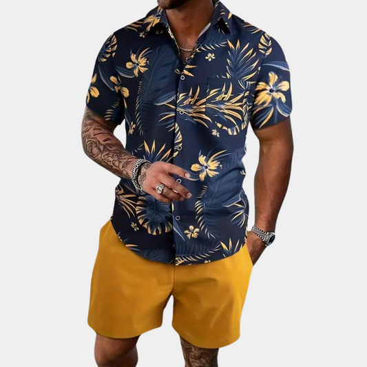 Conjunto de verano para hombre Solaro – Atuendo de algodón de dos piezas en azul y amarillo para estilo casual