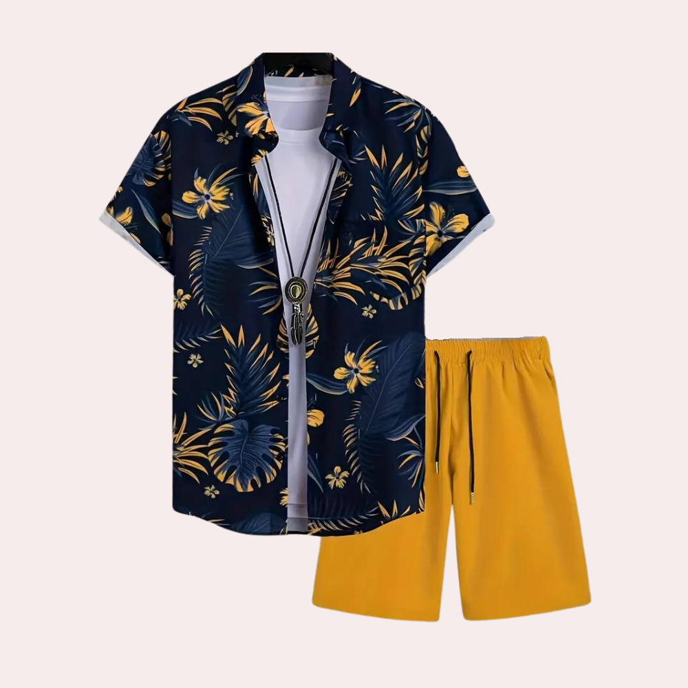 Conjunto de verano para hombre Solaro – Atuendo de algodón de dos piezas en azul y amarillo para estilo casual