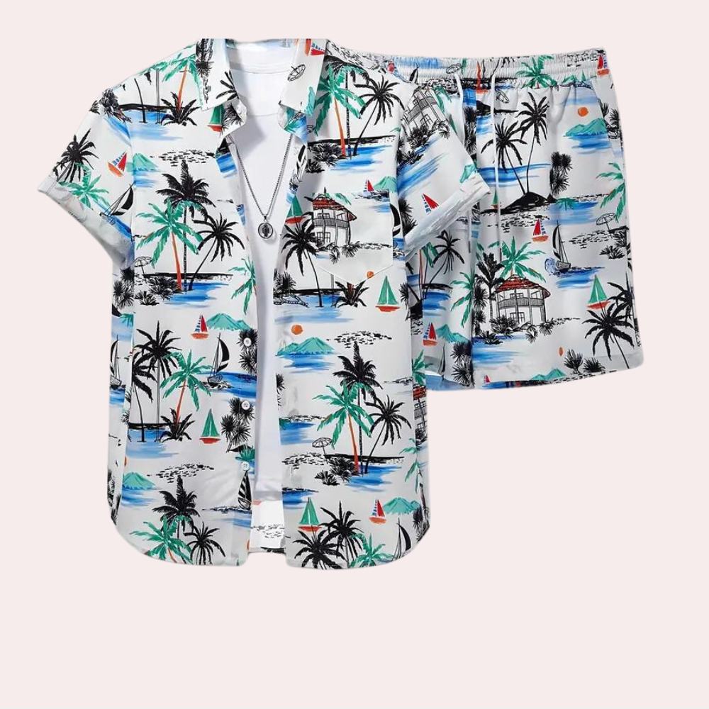 TropicoMan Conjunto de Verano para Hombre – Camisa Casual y Pantalones Cortos – Estampado Tropical
