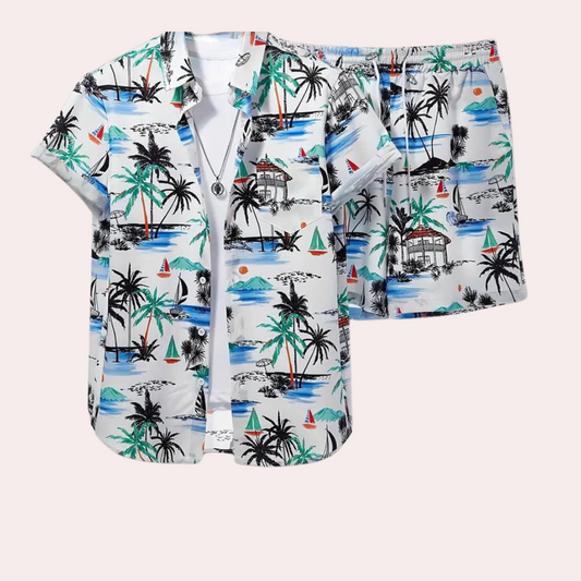 TropicoMan Conjunto de Verano para Hombre – Camisa Casual y Pantalones Cortos – Estampado Tropical