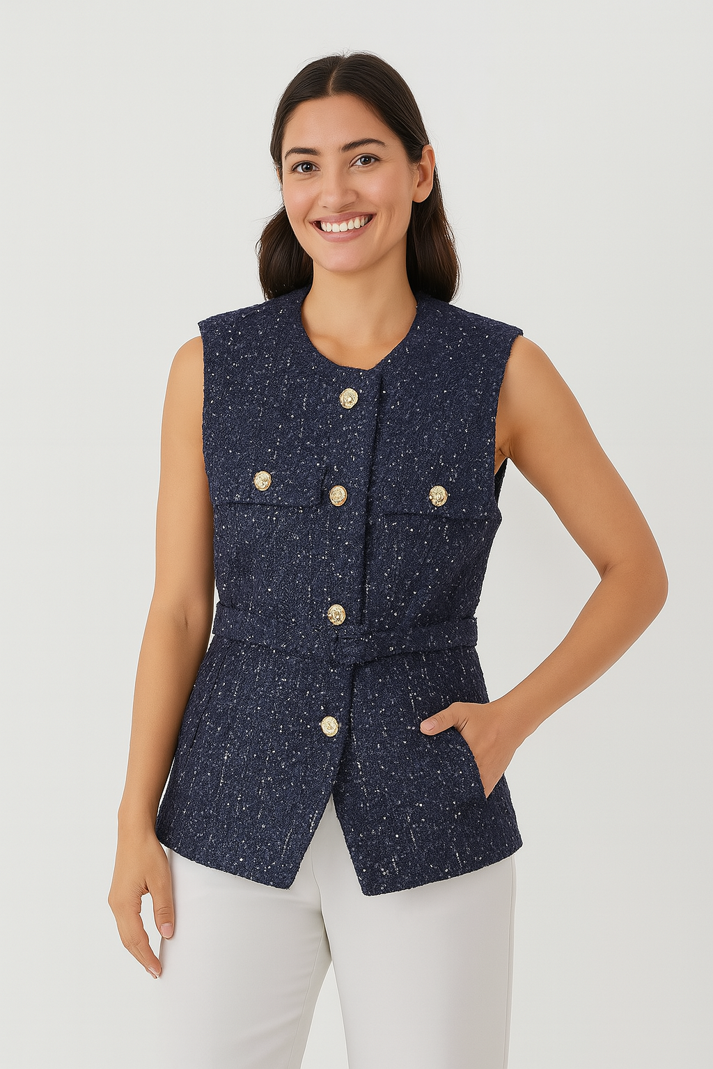 Ely Dames Chaleco | Bouclé con Botones Dorados, Elegante Capas