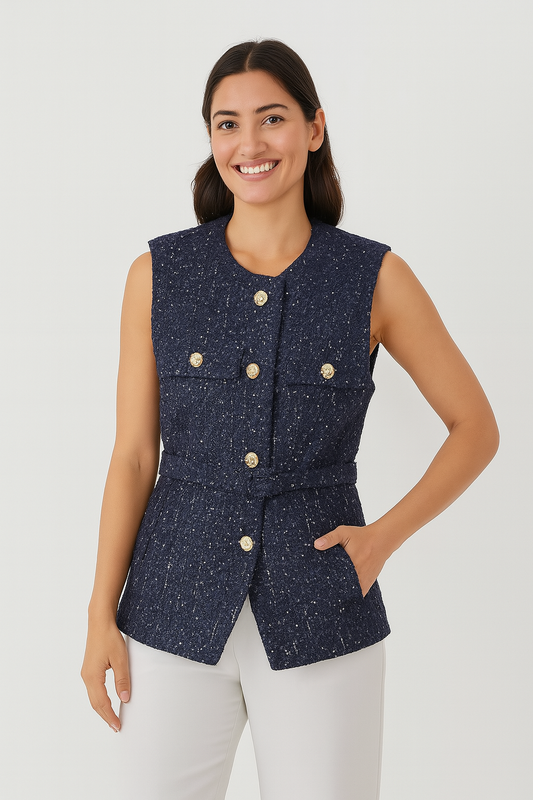 Ely Dames Chaleco | Bouclé con Botones Dorados, Elegante Capas