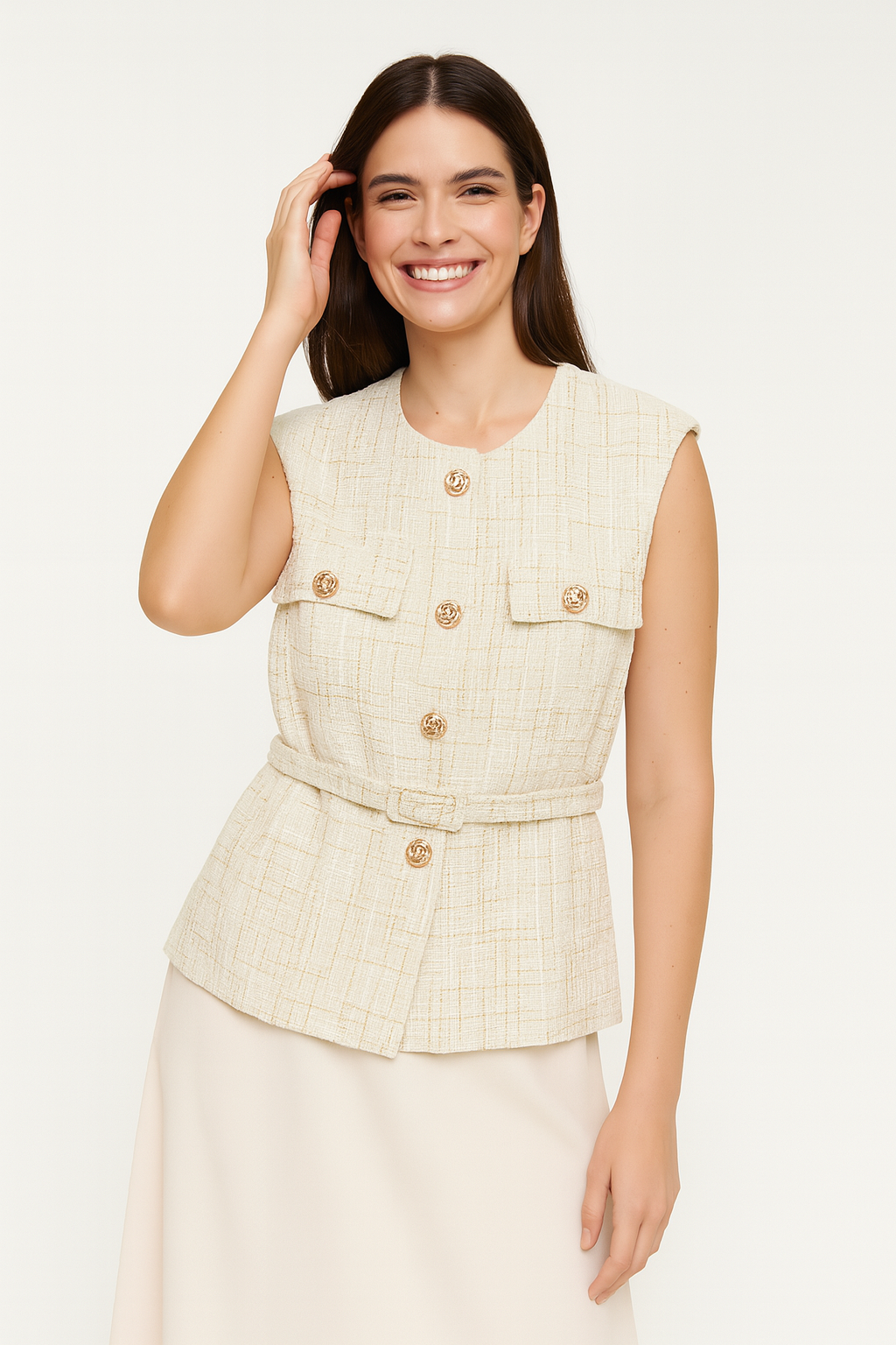 Ely Dames Chaleco | Bouclé con Botones Dorados, Elegante Capas
