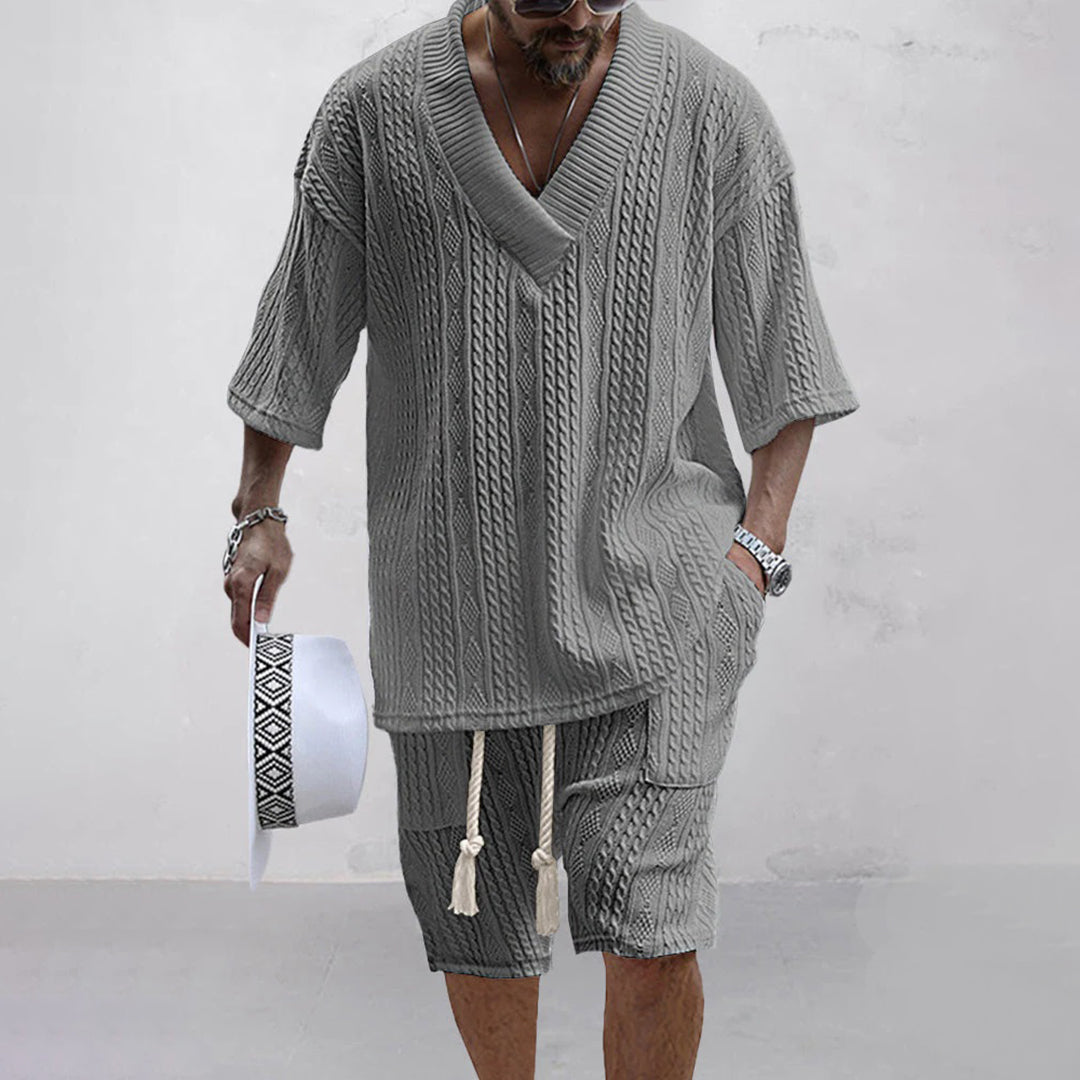 SlateWave Conjunto de Verano para Hombre – Set de Salón de Mezcla de Algodón con Cuello en V y Pantalones Cortos