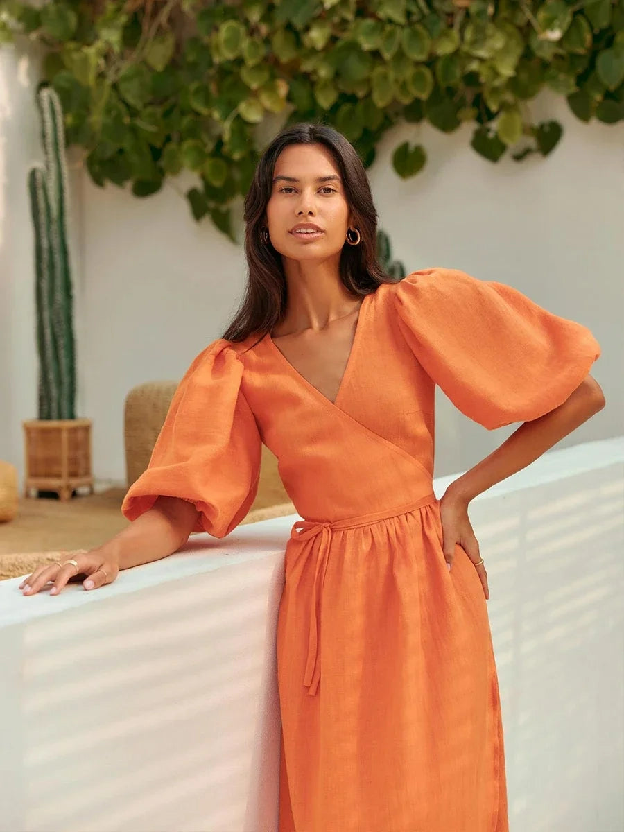 Sofia Jurk Vestido Maxi para Mujer – Elegante Vestido de Verano con Mangas Abullonadas y Comodidad