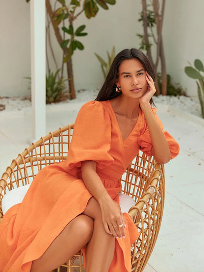 Sofia Jurk Vestido Maxi para Mujer – Elegante Vestido de Verano con Mangas Abullonadas y Comodidad
