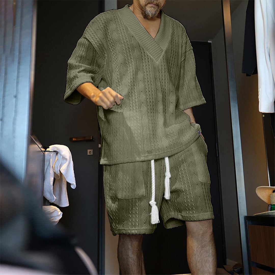 SlateWave Conjunto de Verano para Hombre – Set de Salón de Mezcla de Algodón con Cuello en V y Pantalones Cortos