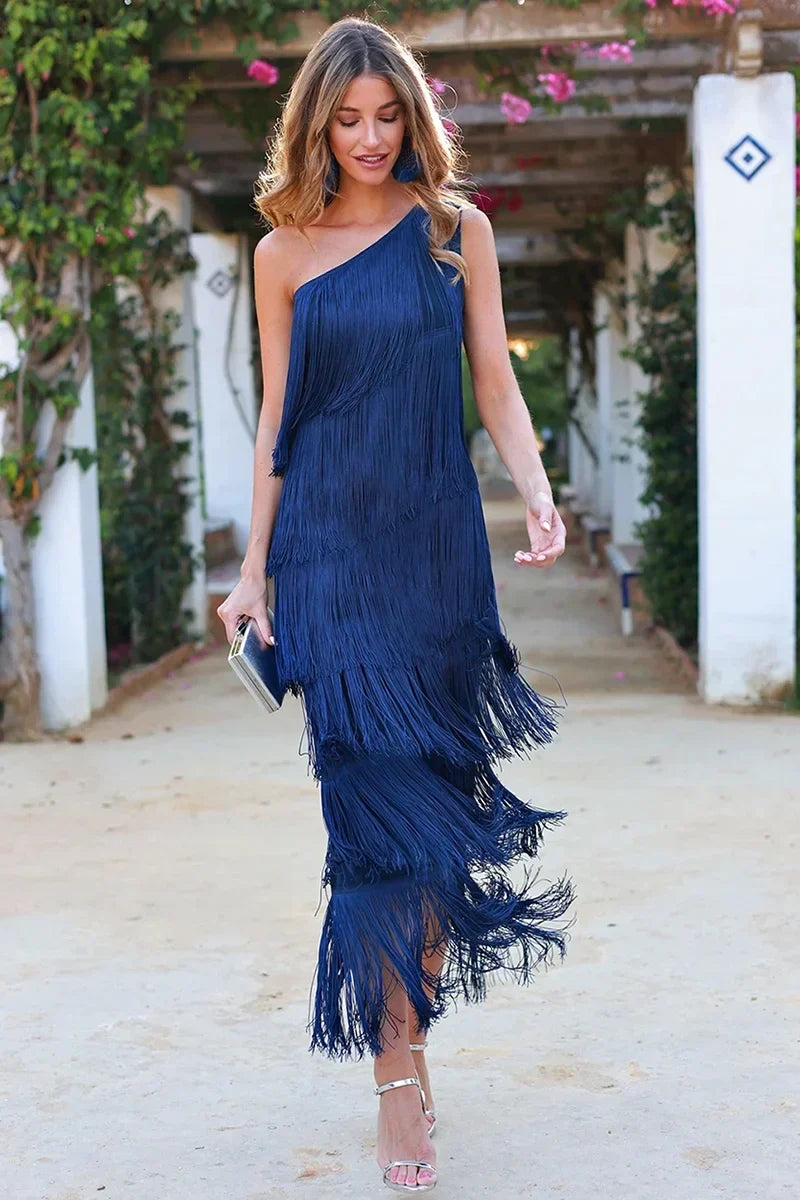 Vestido midi para mujer Celina – Mangas a medio largo, detalle de flecos, tela sostenible