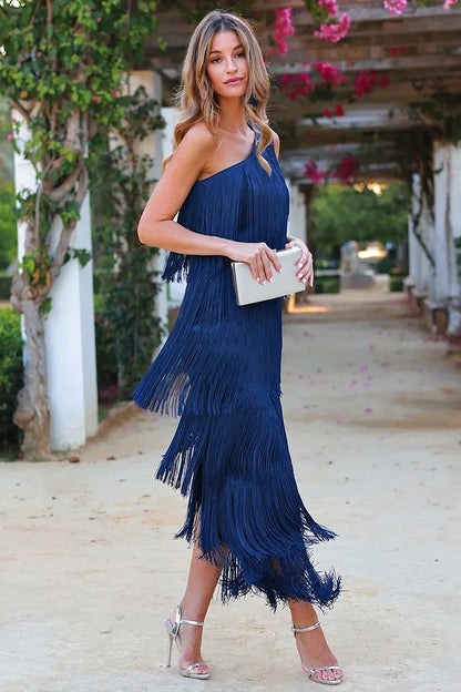 Vestido midi para mujer Celina – Mangas a medio largo, detalle de flecos, tela sostenible