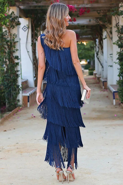 Vestido midi para mujer Celina – Mangas a medio largo, detalle de flecos, tela sostenible