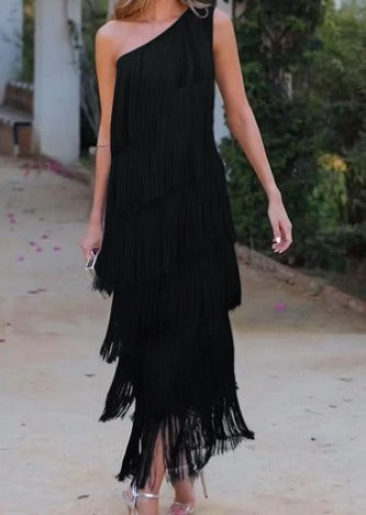 Vestido midi para mujer Celina – Mangas a medio largo, detalle de flecos, tela sostenible