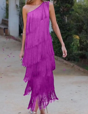 Vestido midi para mujer Celina – Mangas a medio largo, detalle de flecos, tela sostenible
