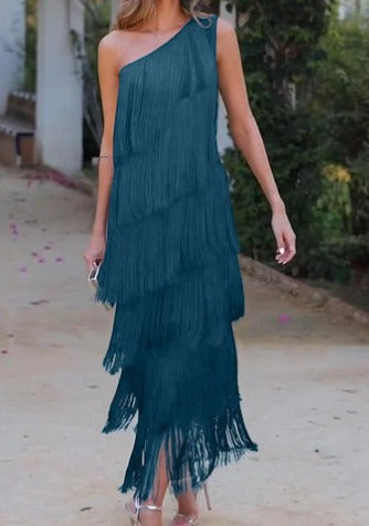 Vestido midi para mujer Celina – Mangas a medio largo, detalle de flecos, tela sostenible