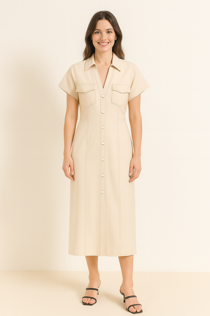 Livia Damas Vestido Camisa Midi | Retro Chic, Perfecto para Cada Ocasión