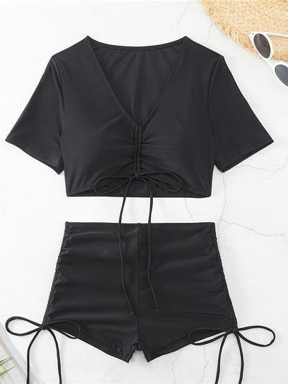 WaveLuxe Set de Natación para Damas – Conjunto Deportivo con Top con Volantes y Short a Rayas