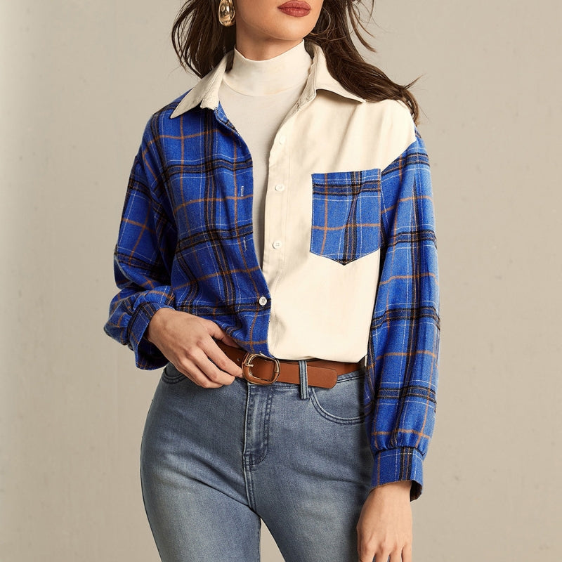 Blusa Rivana para Dama Camisa Patchwork – Tela Suave, Diseño Bicolor