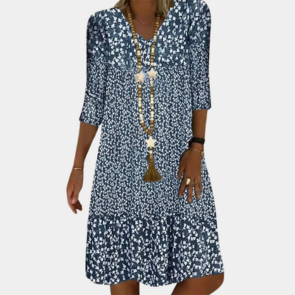 Vestido midi Elowen para damas – elegante vestido de verano con estampado floral y escote en V