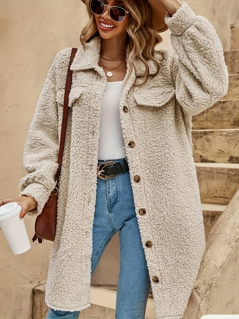 Abrigo de invierno Aurora Dames – Abrigo largo de peluche con aspecto cálido beige