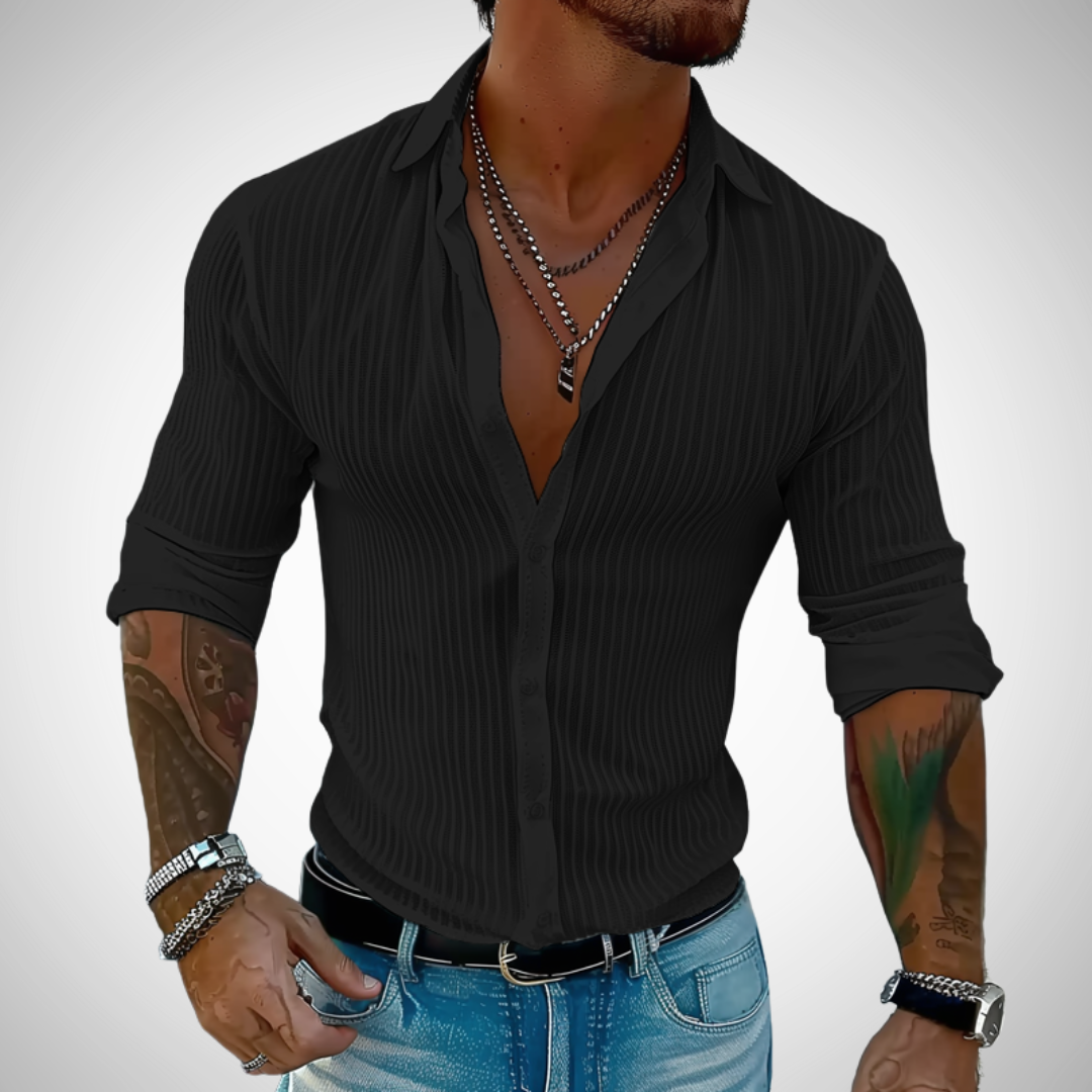 Caleb Heren Camisa a Rayas – Cuello Solapa – Elegancia Casual Mezcla de Algodón