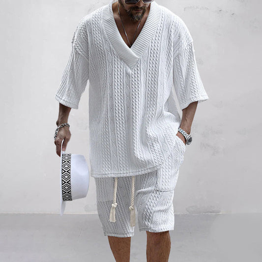 SlateWave Conjunto de Verano para Hombre – Set de Salón de Mezcla de Algodón con Cuello en V y Pantalones Cortos