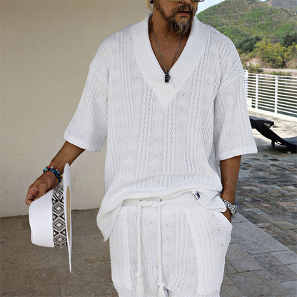 SlateWave Conjunto de Verano para Hombre – Set de Salón de Mezcla de Algodón con Cuello en V y Pantalones Cortos