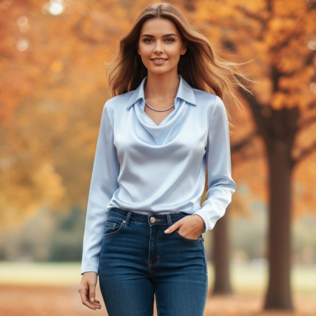 Sylvie Satijnen Blouse Voor Dames | Elegante Glans, Geplooide Halslijn