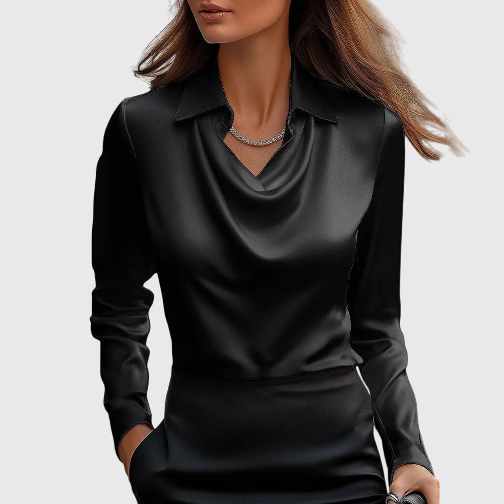Sylvie Satijnen Blouse Voor Dames | Elegante Glans, Geplooide Halslijn