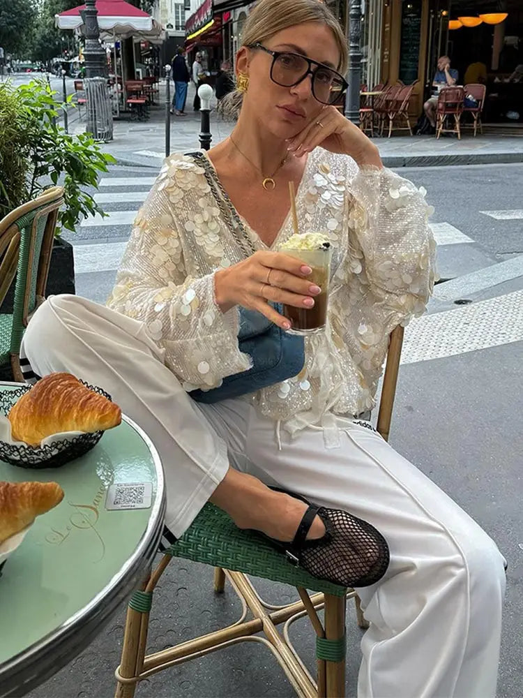 Rivka Glitter Blouse Voor Dames | Pailletten Pracht, Diepe Halslijn
