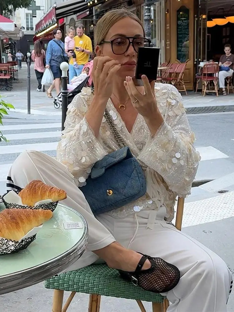 Rivka Glitter Blouse Voor Dames | Pailletten Pracht, Diepe Halslijn