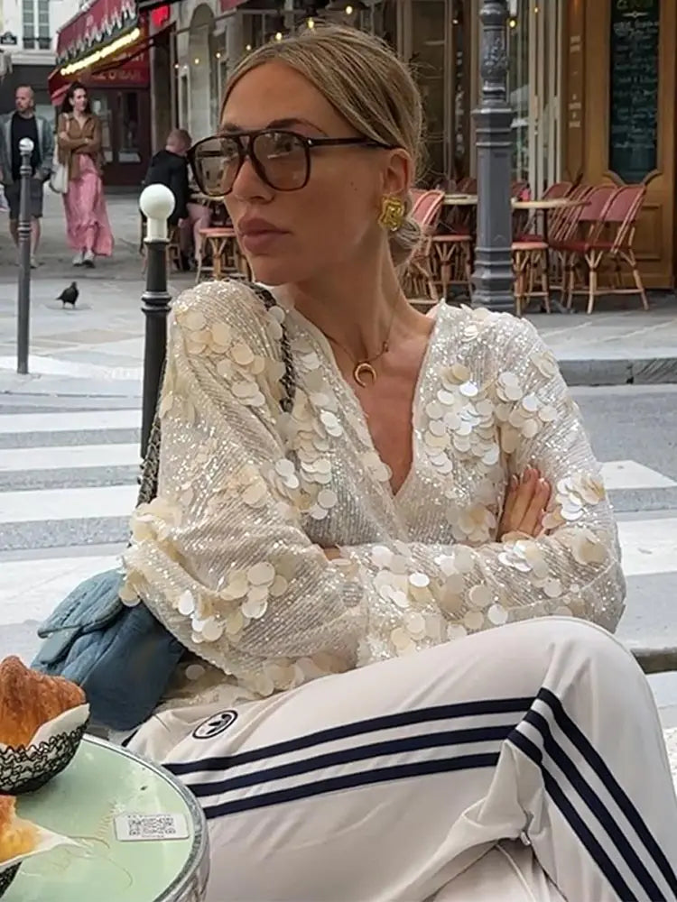 Rivka Glitter Blouse Voor Dames | Pailletten Pracht, Diepe Halslijn